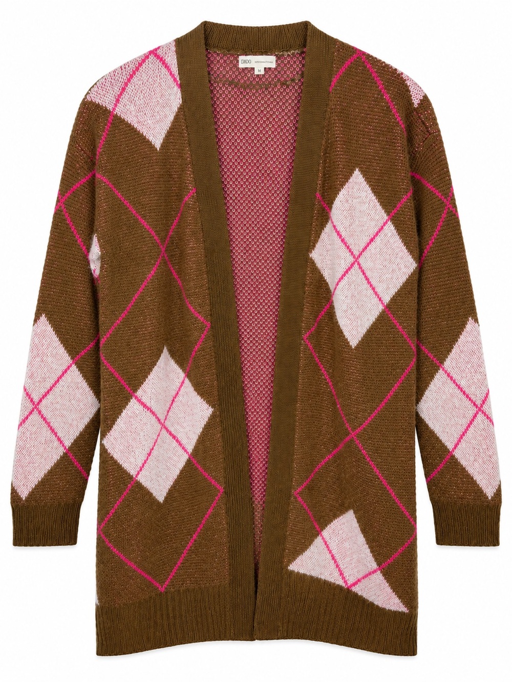 Cato Medium Brown Pink Argyle Long Open Front Cardigan Sweater